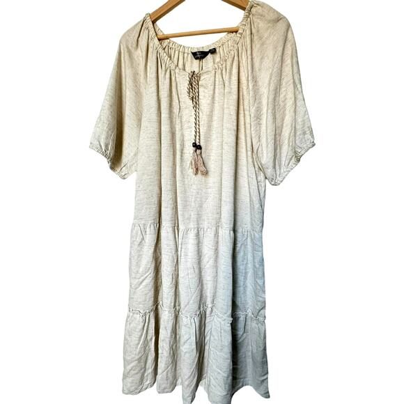 MLLE GABRIELLE 3X Beige Midi Dress Boho Peasant Lagenlook Tassel Tie Ruffle Tier - Picture 3 of 10